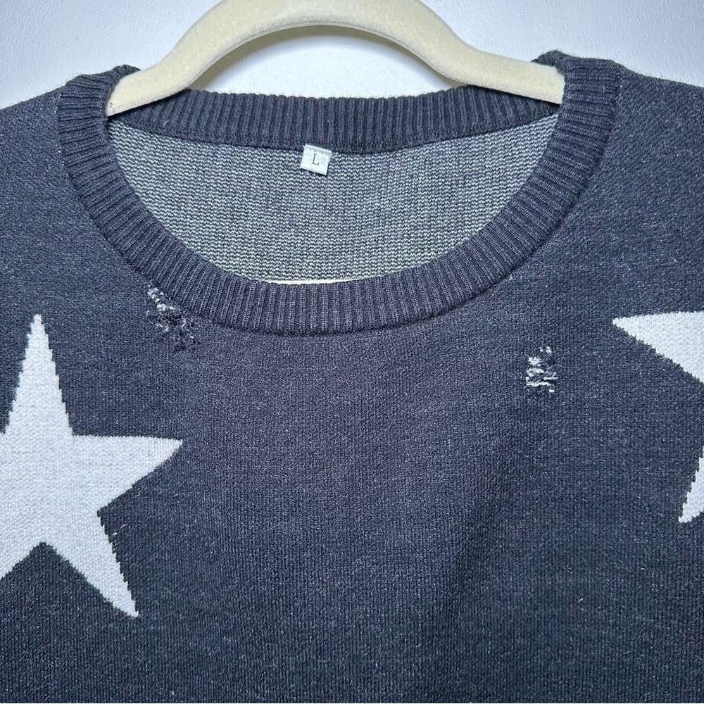 Black Distressed and Sweater with White Stars Size Large - Picture 2 of 6
